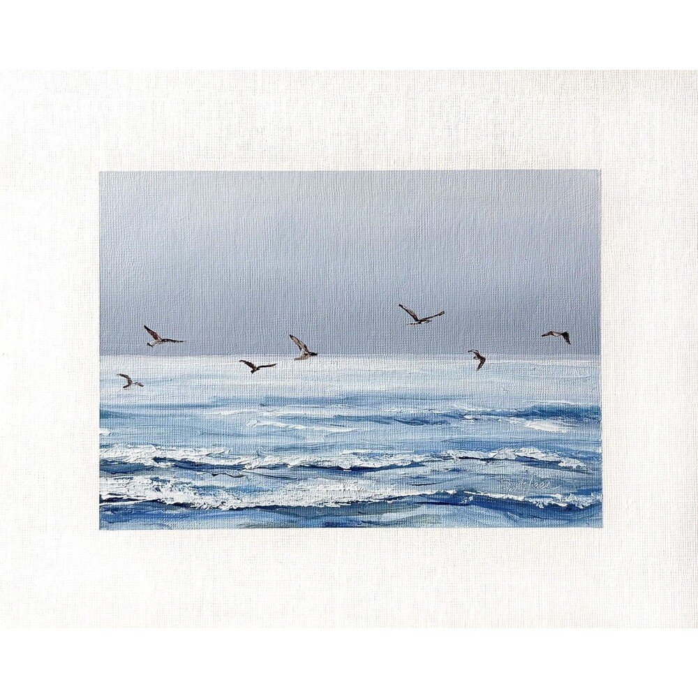 8x10 Original Oil Painting Seascape Birds in Flight Over Ocean Waves Art Signed